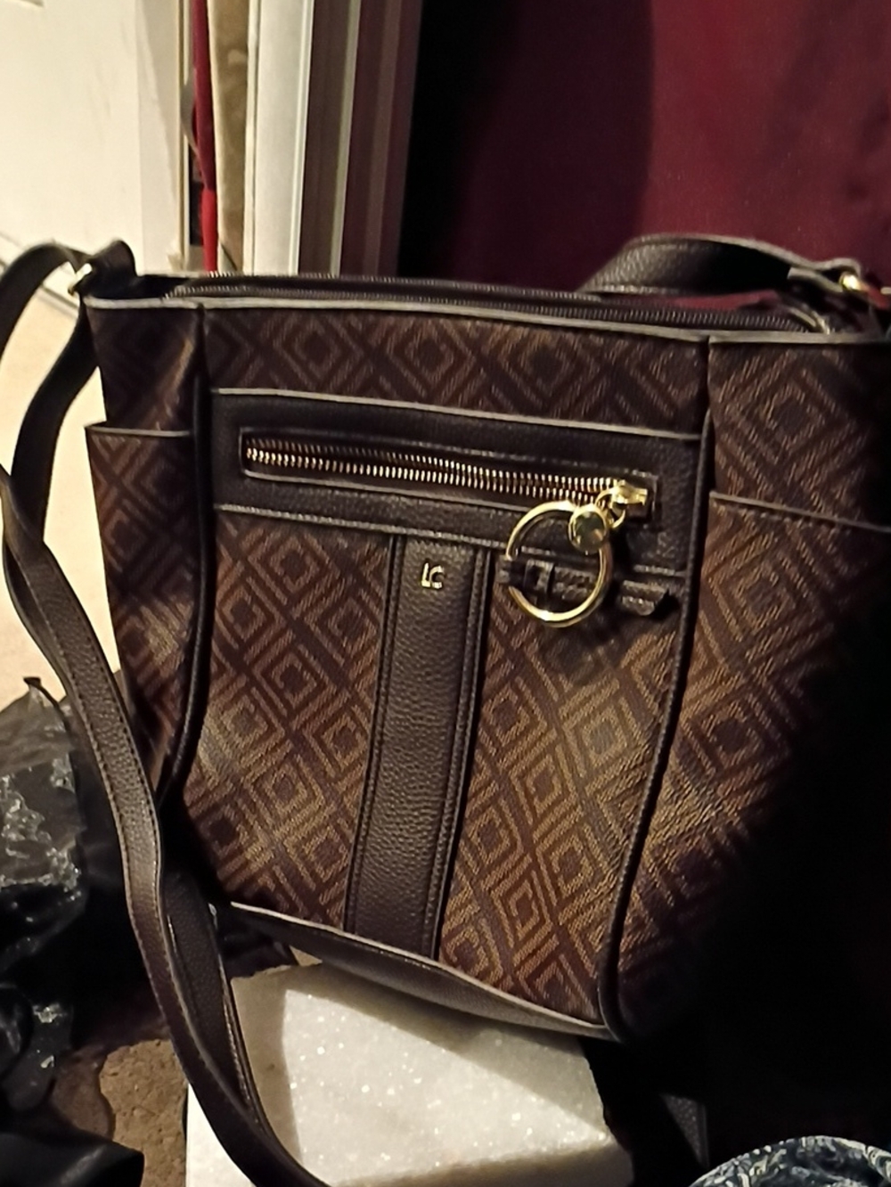 Brown Patterned Crossbody Tote Bag with Gold Accent